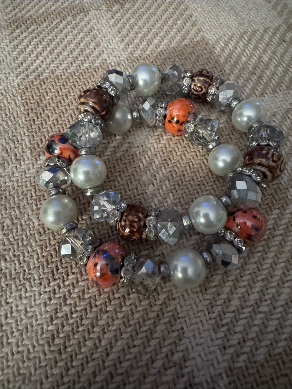 Handcrafted Pearl & Bead Stretch Bracelets - Orange and Brown Accent